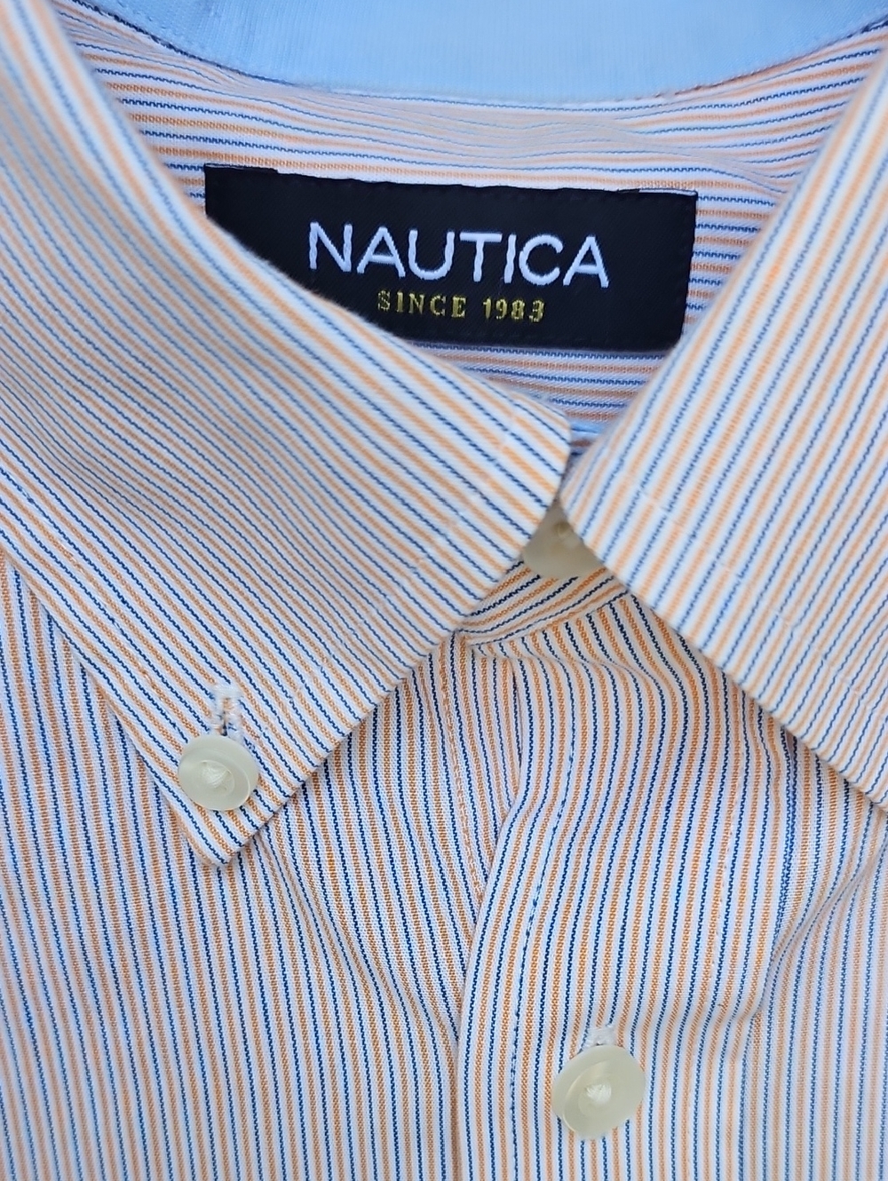 Nautica Men's Dress Shirt Orange And Blue Pinstripe 17 34/35 XL